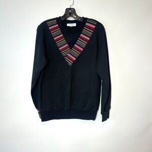Les Benjamins Pullover Sweater Womens XS Black Striped Crew Neck Long Sleeve